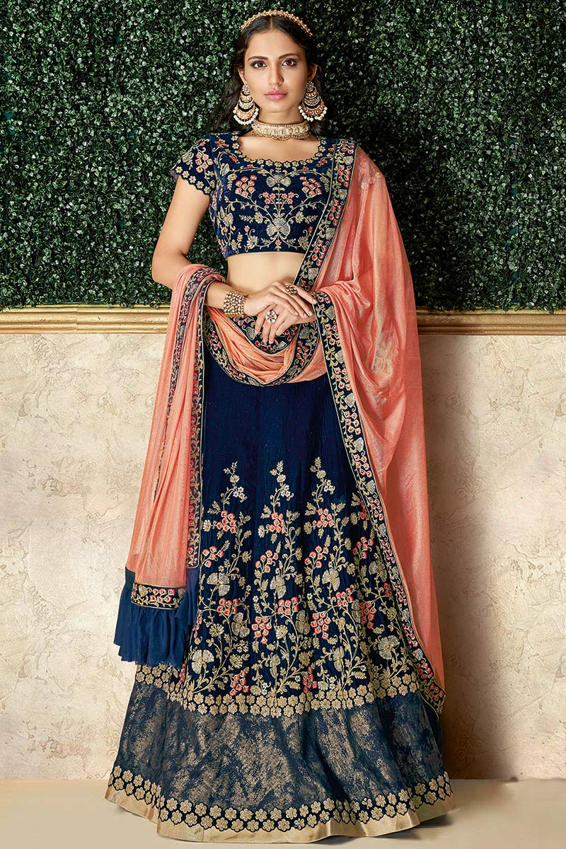 Dark Blue Velvet Embroidered Lehenga For Sangeet 