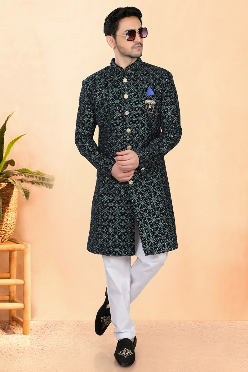 Dark Blue Velvet Men's Sherwani with Sequins Work for Wedding