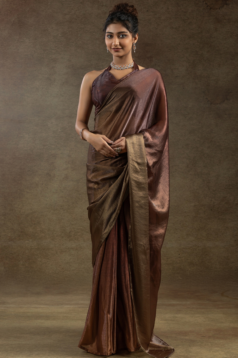 Dark Brown Chiffon Saree with Shimmer for Diwali 