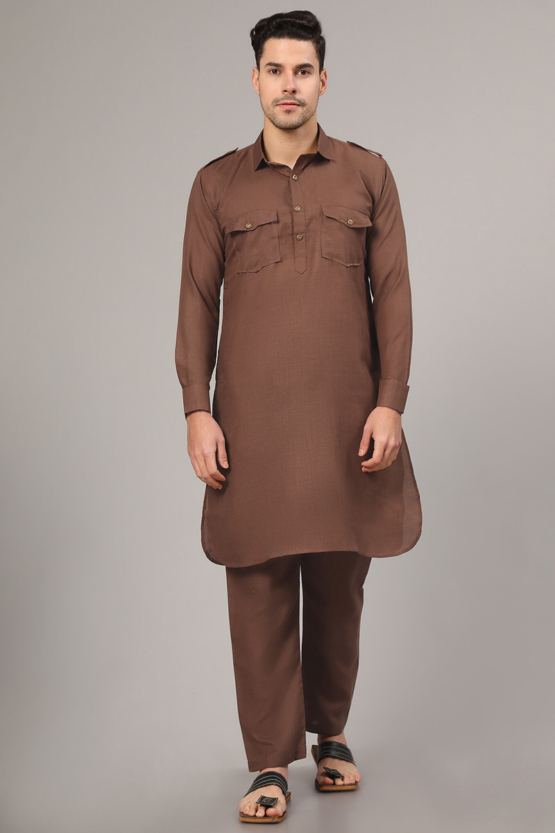 Dark Brown Cotton Plain Straight Cut Men s Kurta Pajama MKPA05318