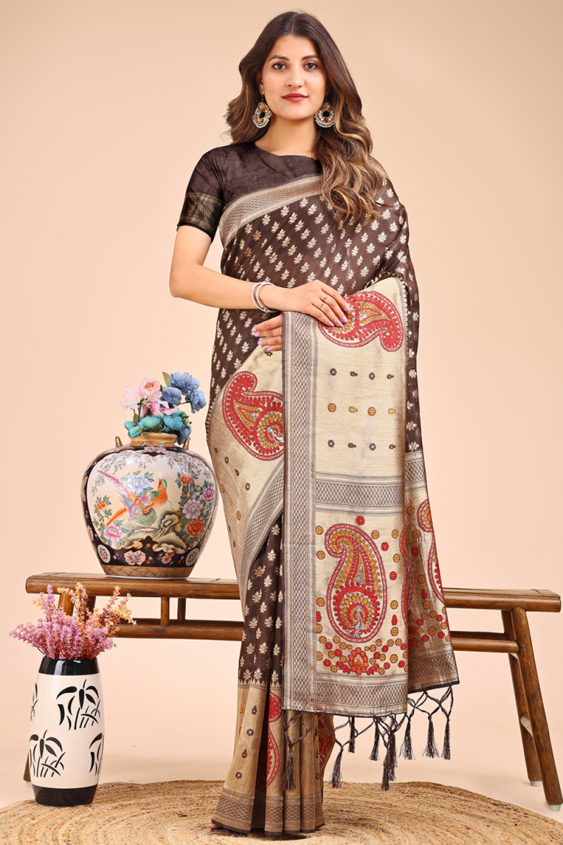 Dark Brown Cotton Saree With Weaved Work For Diwali
