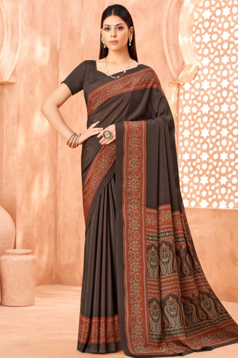 Dark Brown Crepe Saree With Printed Work For Casual Wear