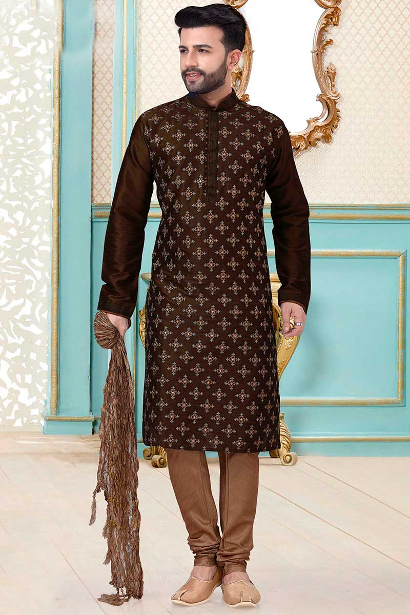 Dark Brown Dupion Silk Embroidered Men's Sherwani