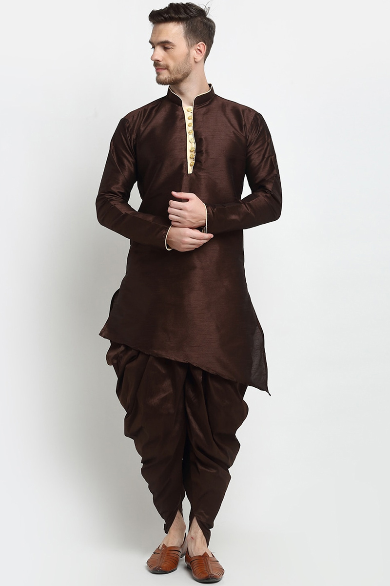 Dark Brown Dupion Silk Men's Dhoti Kurta
