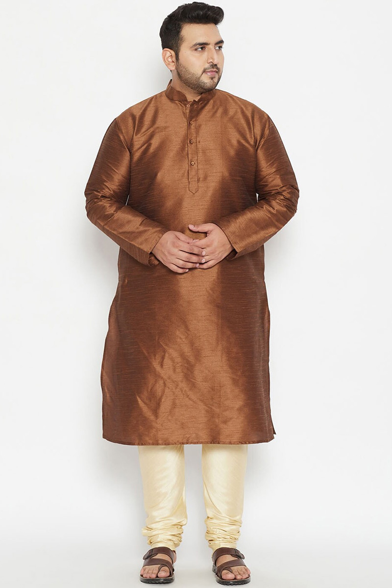Dark Brown Dupion Silk Plain Men's Kurta With Churidar
