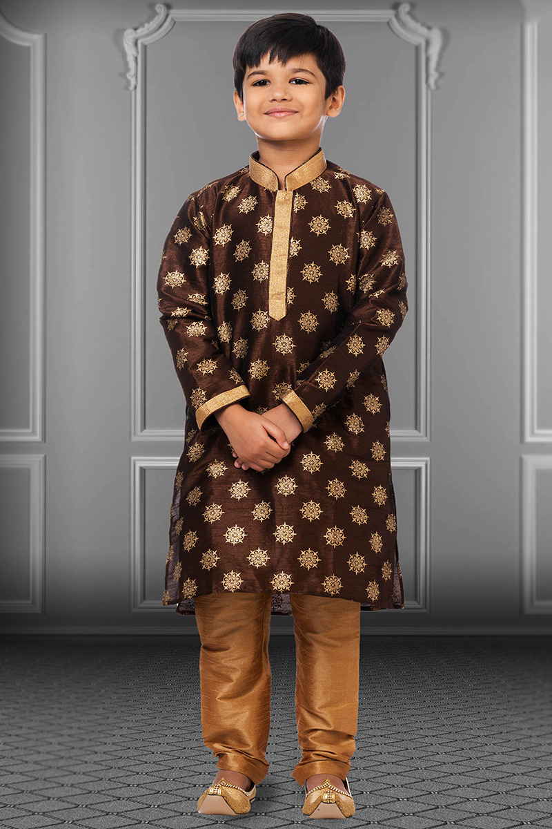 Men Kurta Pajama for Wedding Wear in Dupion Silk Dark Brown