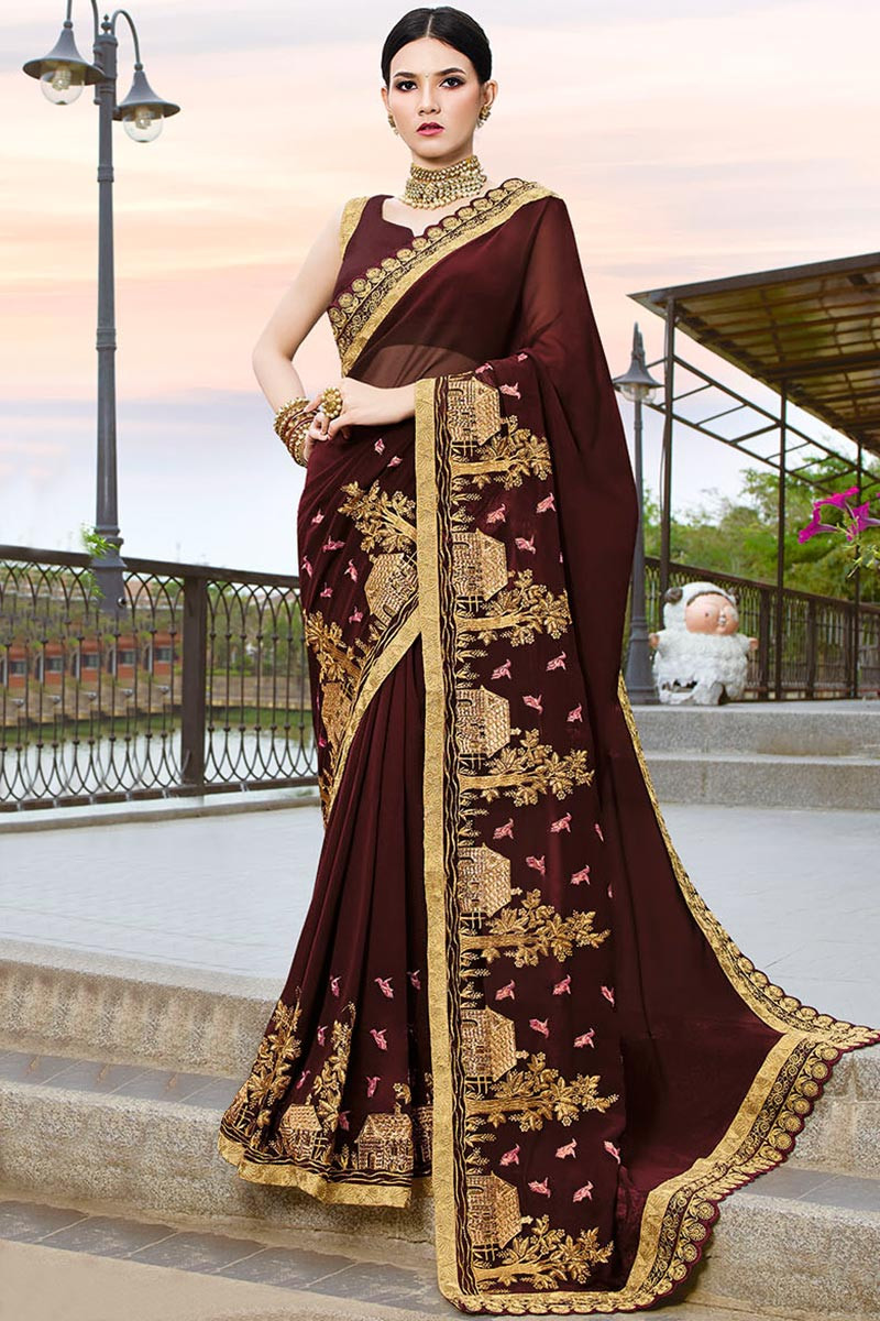 Buy Fashion Field Women Brown Self Design Net Saree with Unstitched Blouse  Piece Online at Best Prices in India - JioMart.