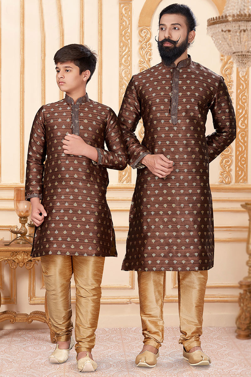 Dark Brown Jacquard Straight Cut Father-Son Duo Kurta With Churidar