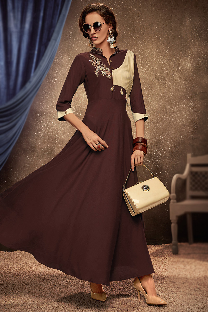 Dark Brown Rayon Frock Style Kurti with Zari embroidery