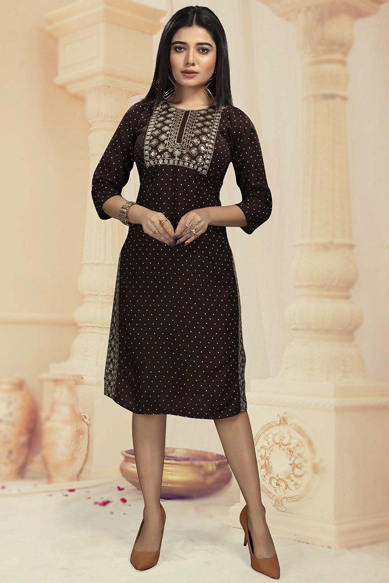 Dark Brown Rayon Straight Cut Sequins Embroidered Kurti