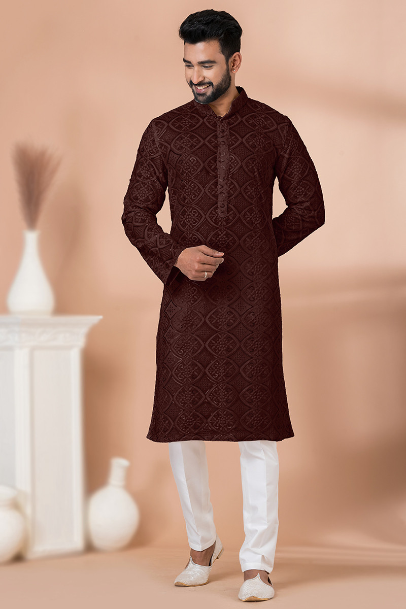 Dark Brown Sequins Embroidered Men s Kurta Pajama For Sangeet MKPA07602