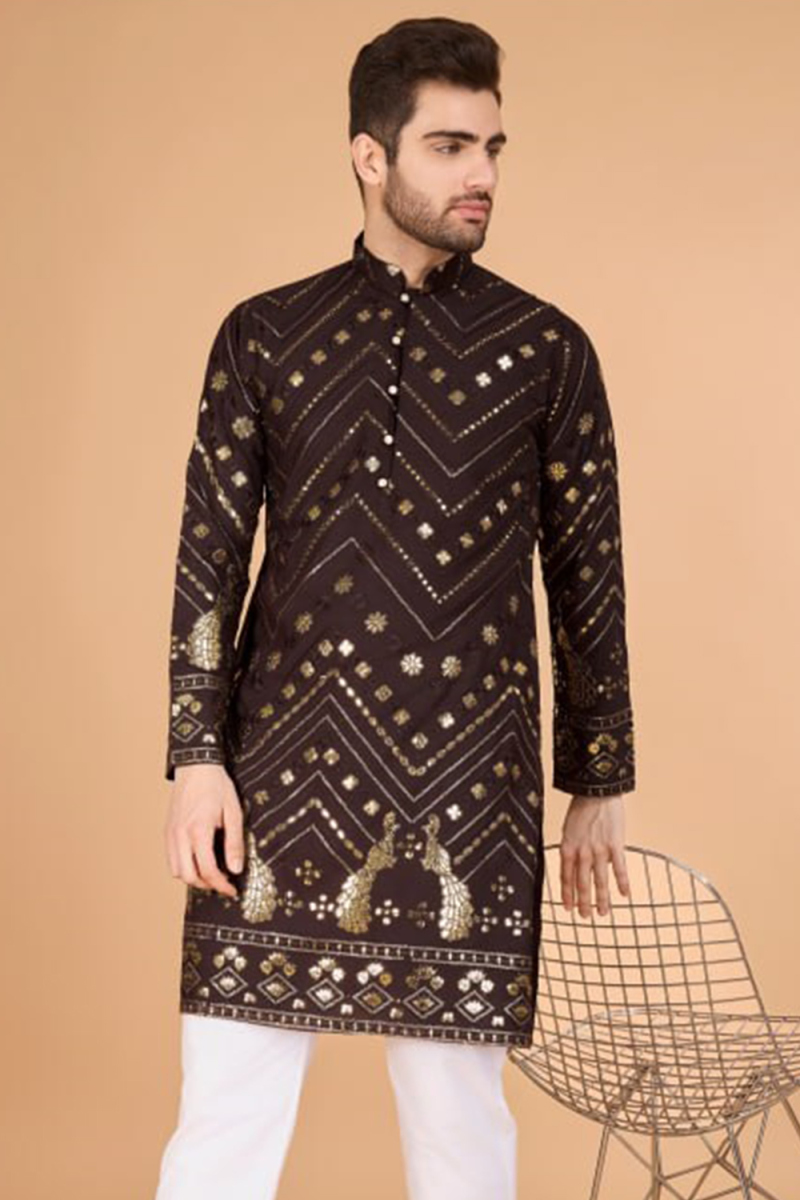 Dark Brown Silk Kurta with Zari Work for Diwali Festive Wear