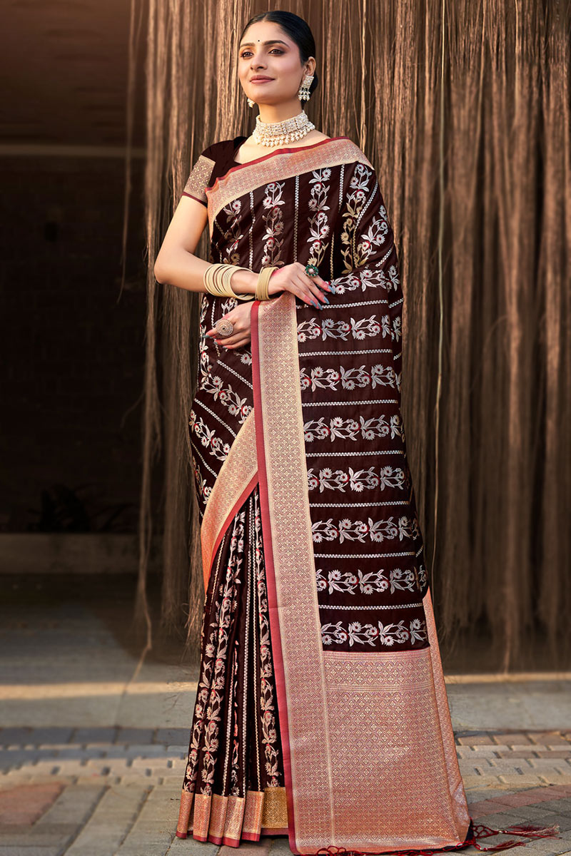 Dark Brown Silk Light Weight Weaved Saree