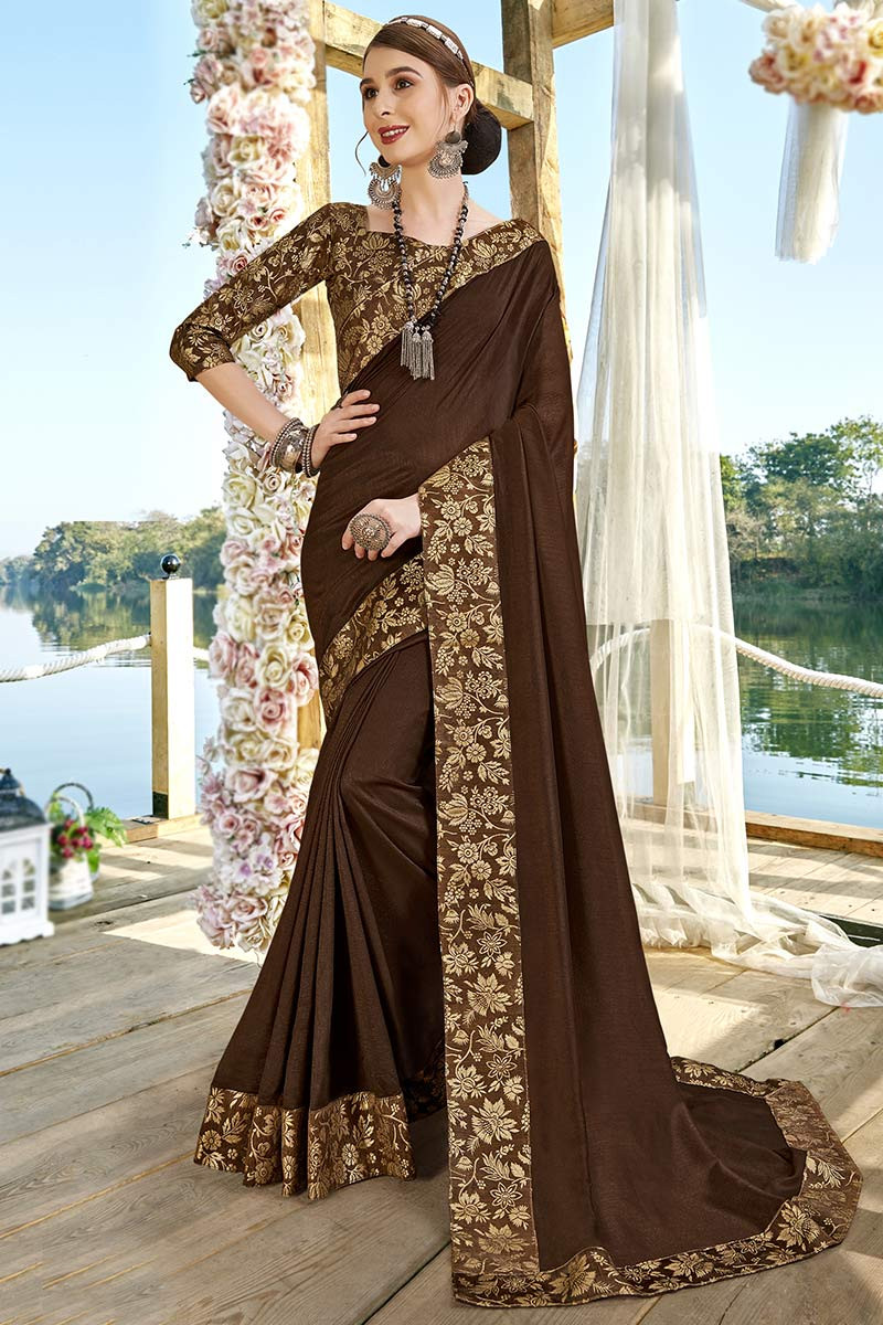 Dark Brown Cotton Silk Embellished Saree Set Design by AURUL at Pernia's  Pop Up Shop 2024