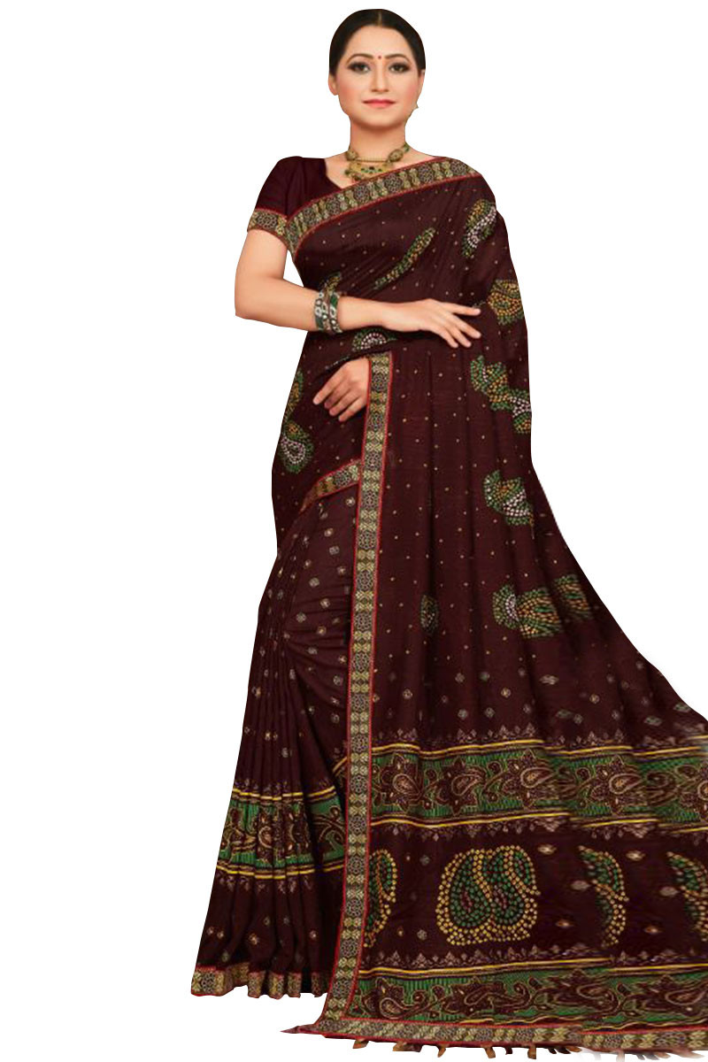 Dark Brown Silk Saree In Bandhani Print