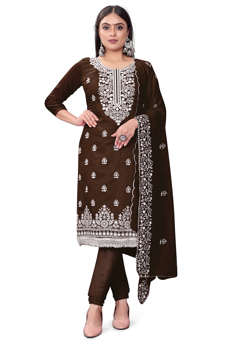 Buy Dark Brown Thread Embroidered Chanderi Cotton Churidar Suit LSTV125073