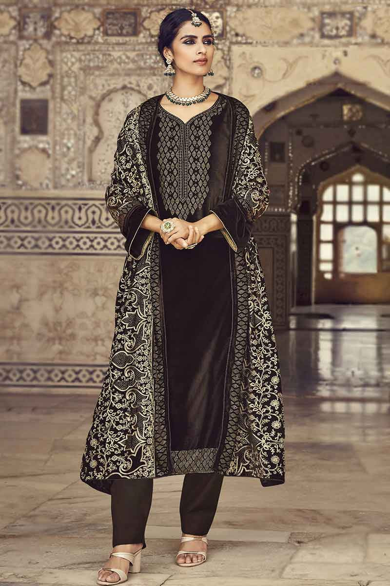 Online Sale Dark Brown Trouser Suit with Stone Work LSTV120733