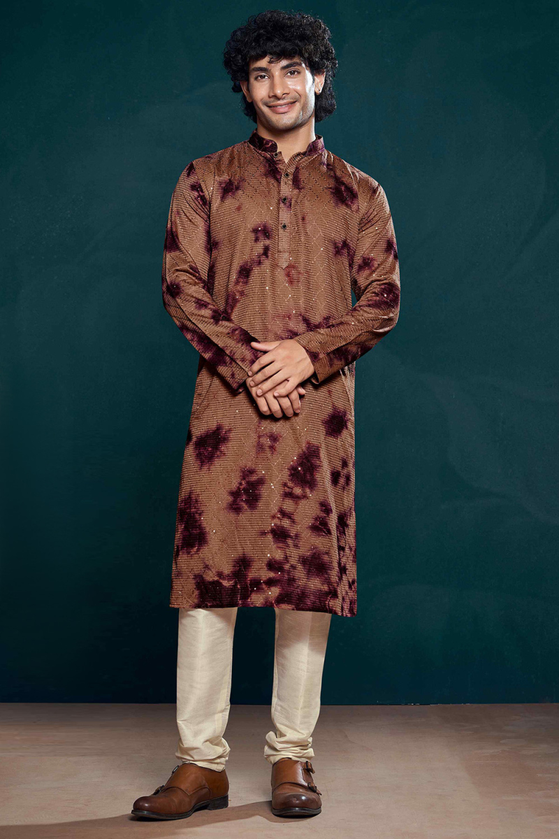 Dark Brown Viscose Embroidered Straight Cut Men's Kurta Pajama 