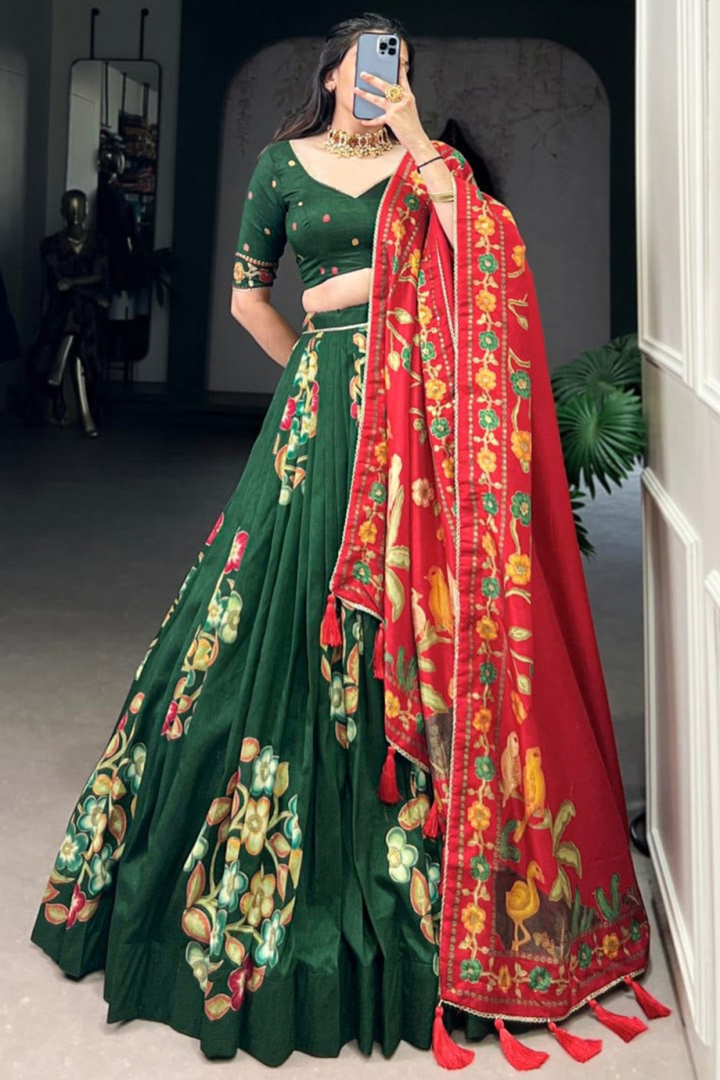 Dark Green A Line Silk Blend Printed Lehenga For Festival 