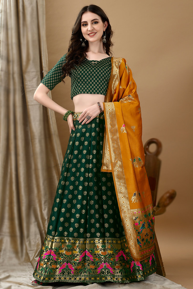 Dark Green Art Silk Woven Zari Panelled Style Lehenga