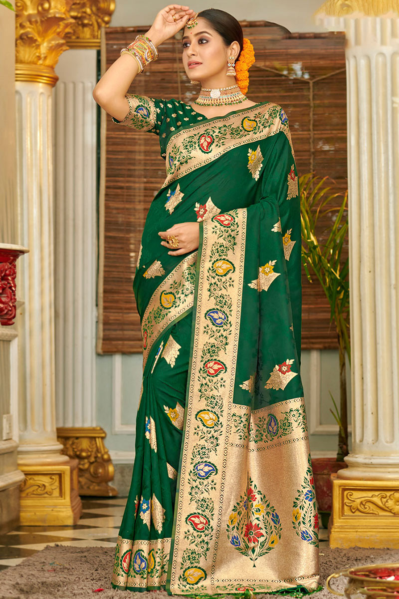 dark green banarasi silk zari weaved broad border saree sarv167916 1