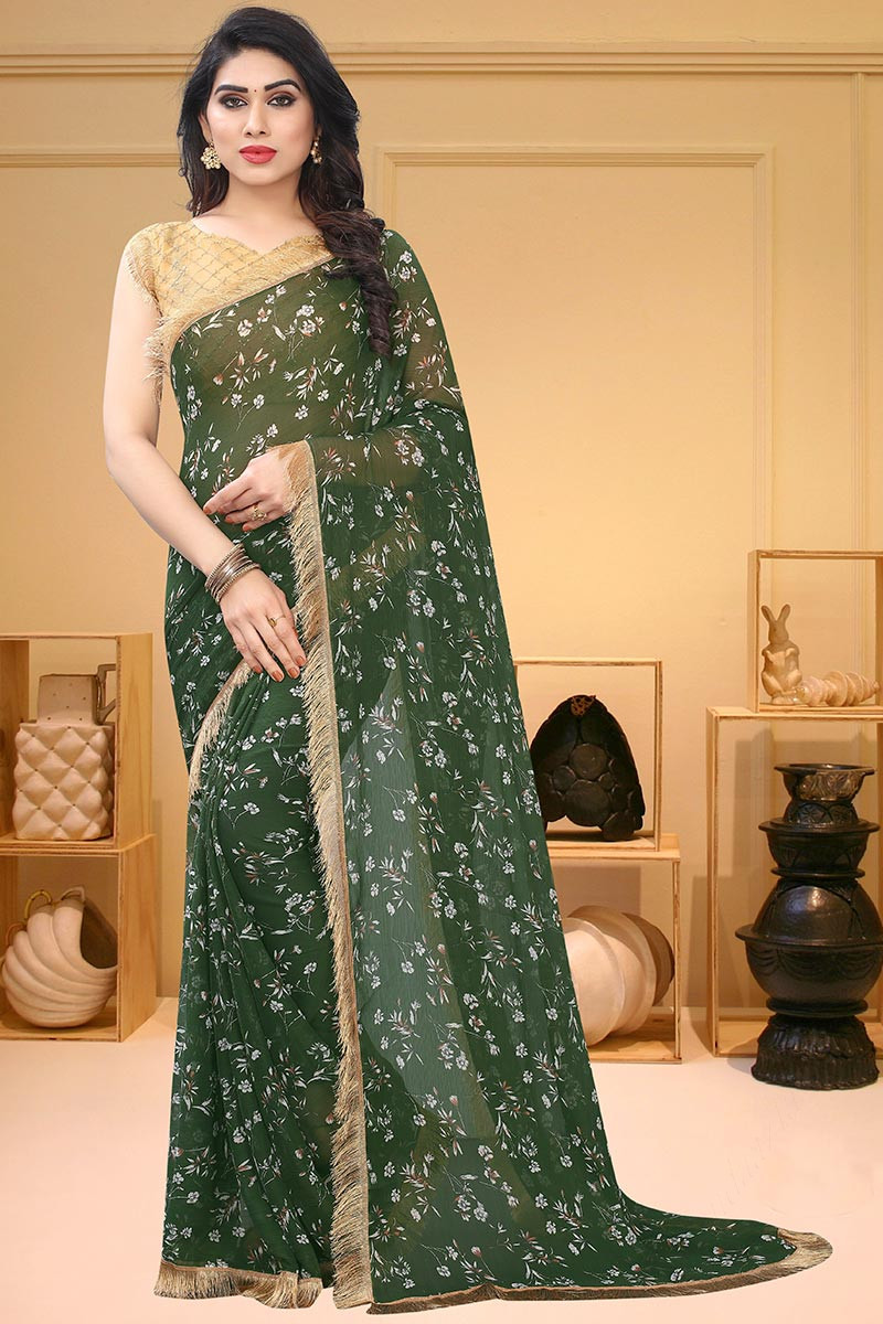 Buy Dark Green Chiffon Saree With Net Blouse Online SARV08723 Andaaz Fashion