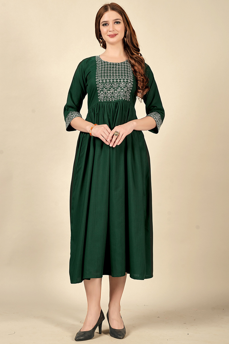 Dark Green Cotton Rayon Embroidered Kurti
