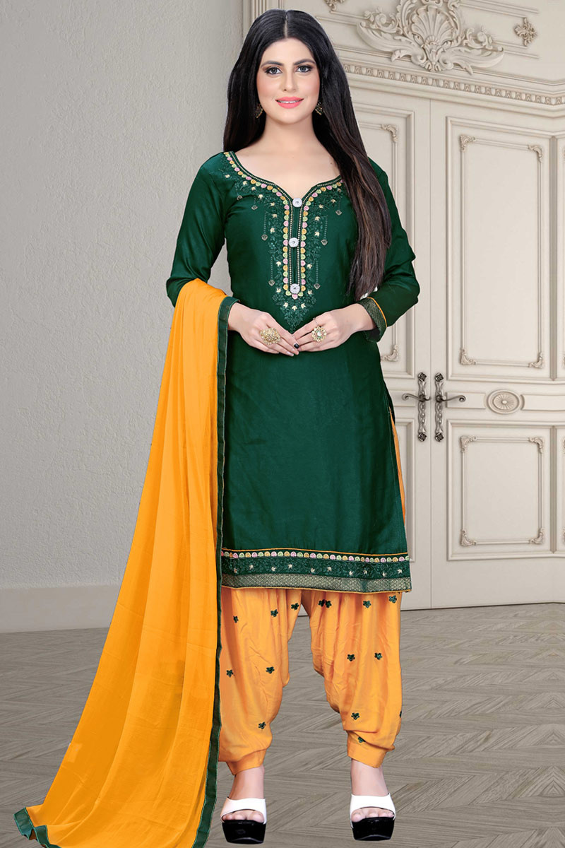Dark Green Cotton Silk Straight Cut Salwar Suit