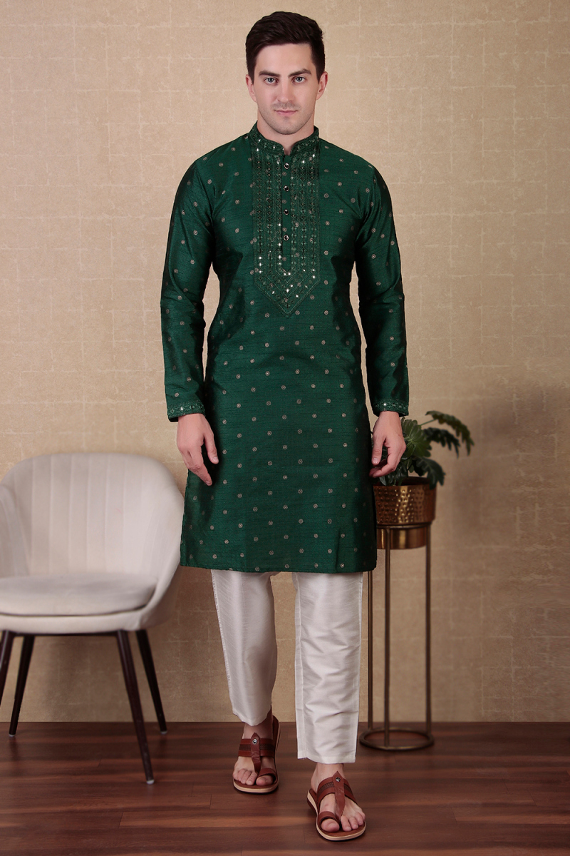 Dark Green Dupion Silk Embroidered Straight Cut Men's Kurta Pajama