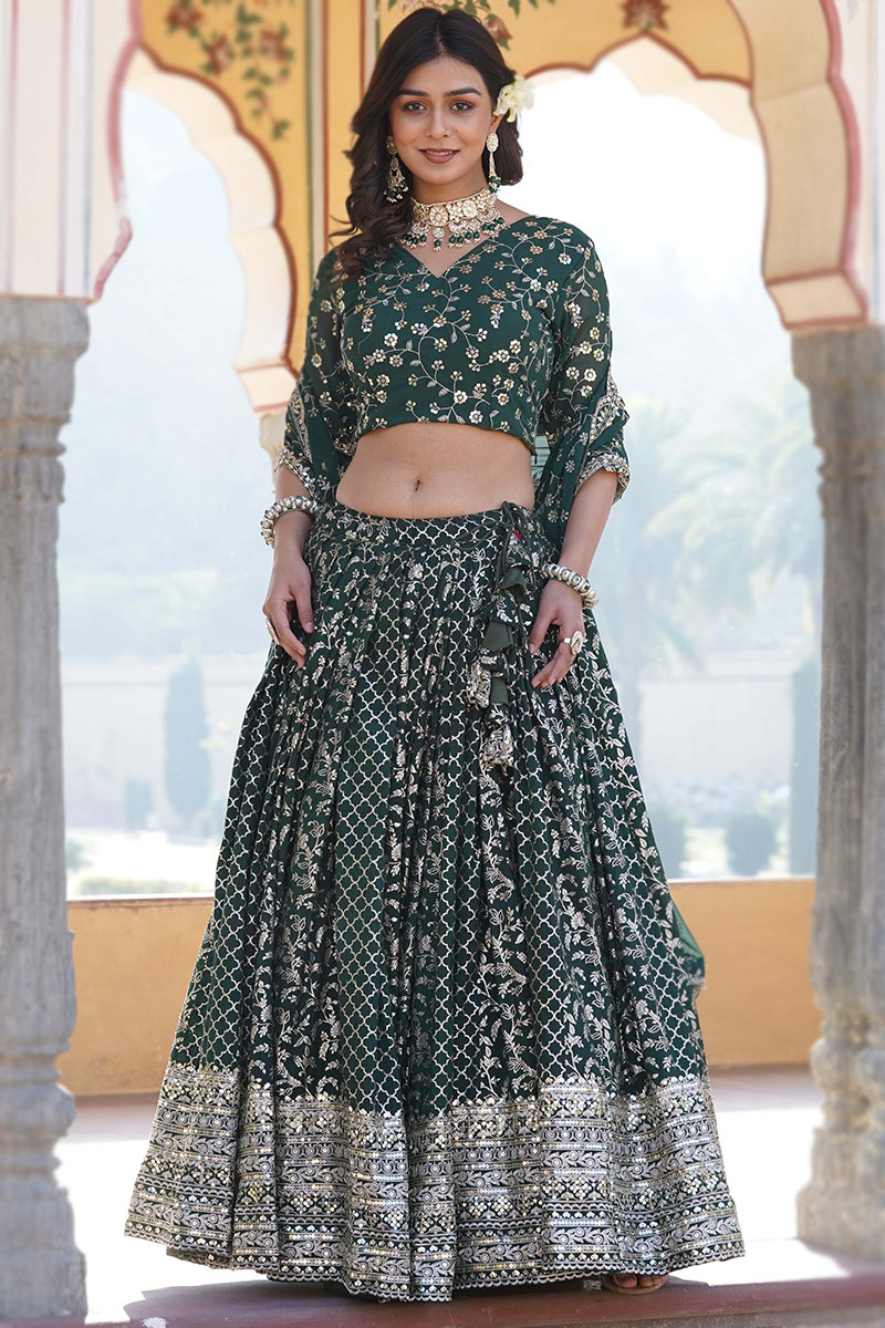 Dark Green Embroidered Georgette Flared Style Lehenga