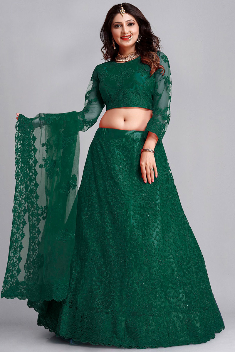 Dark Green Embroidered Net A Line Lehenga
