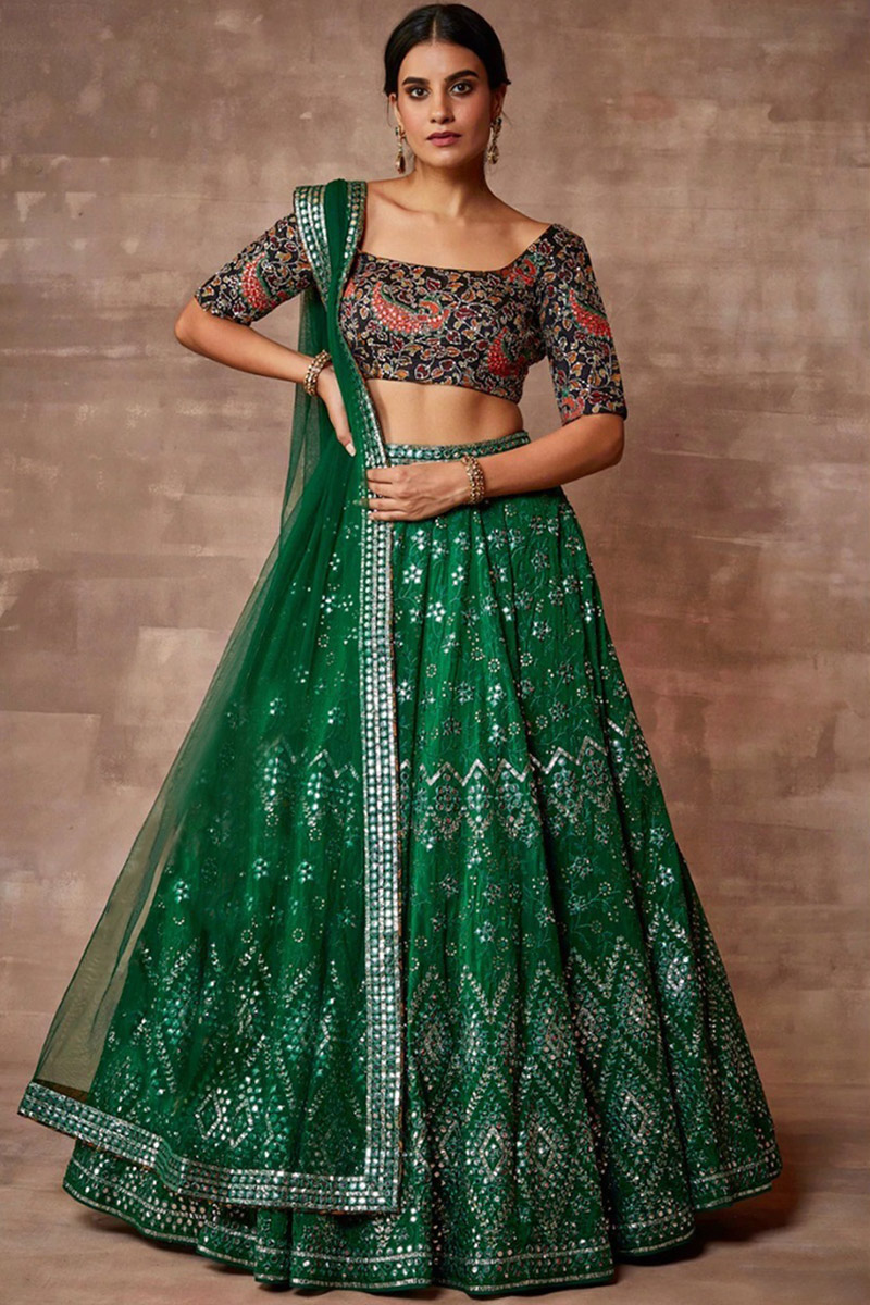 Dark Green Embroidered Organza Flared Style Lehenga 