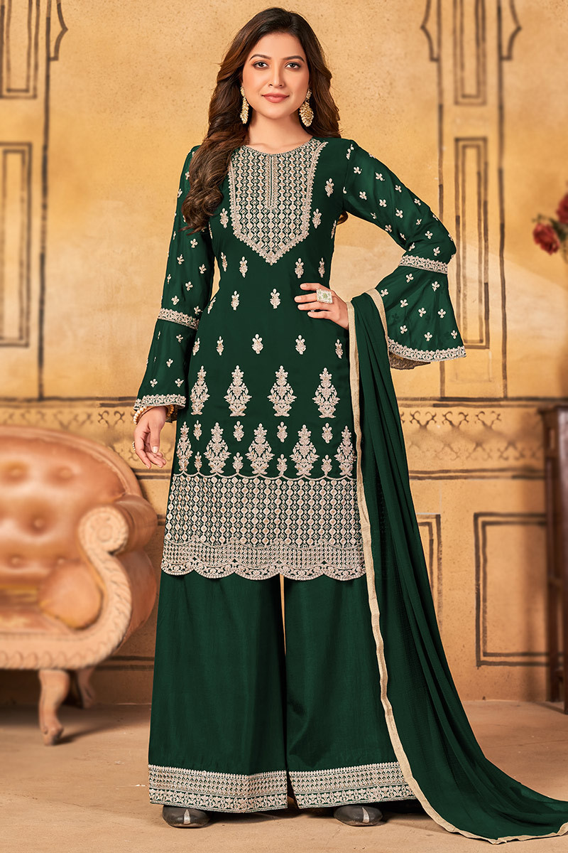 Sale Sequins Embroidered Dark Green palazzo Suit LSTV120503