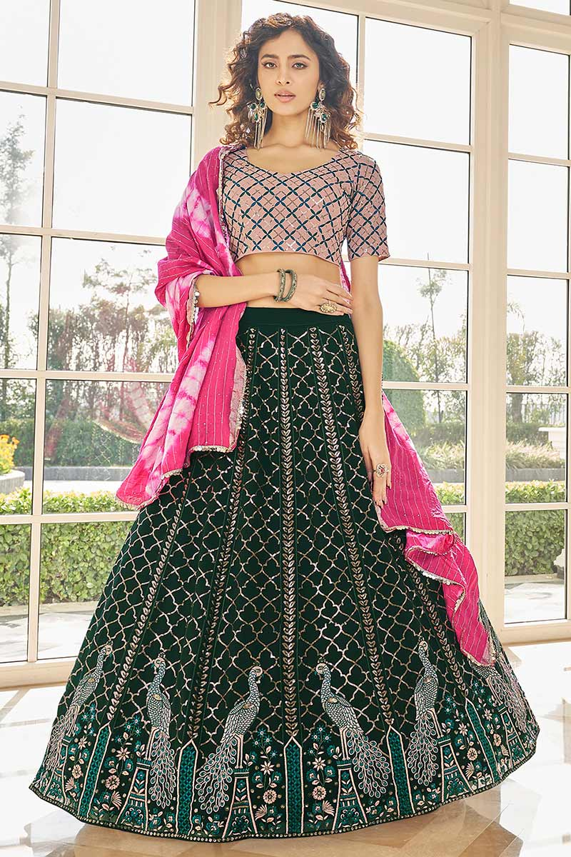 Dark Green A Line Party Wear Lehenga in Georgette