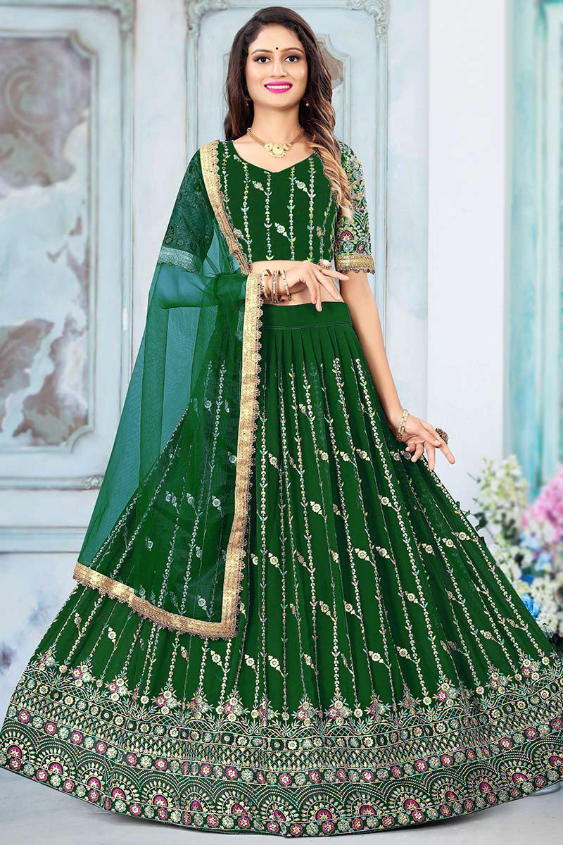 Sequins Work Wedding Wear Lehenga in Dark Green Georgette