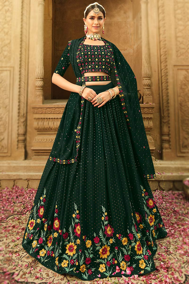 Sequence Work Georgette Material Bottle Green Lehenga Choli – tapee.in