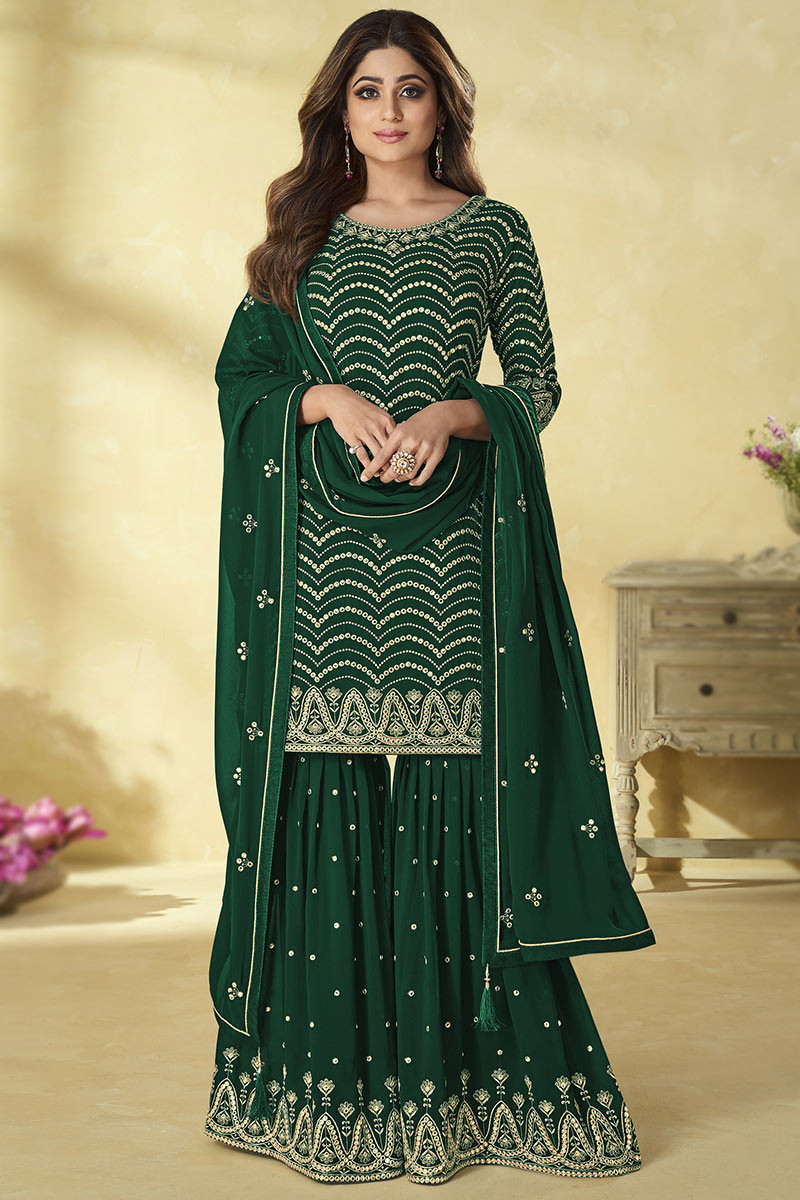 dark green georgette embroidered sharara suit lstv118829 1