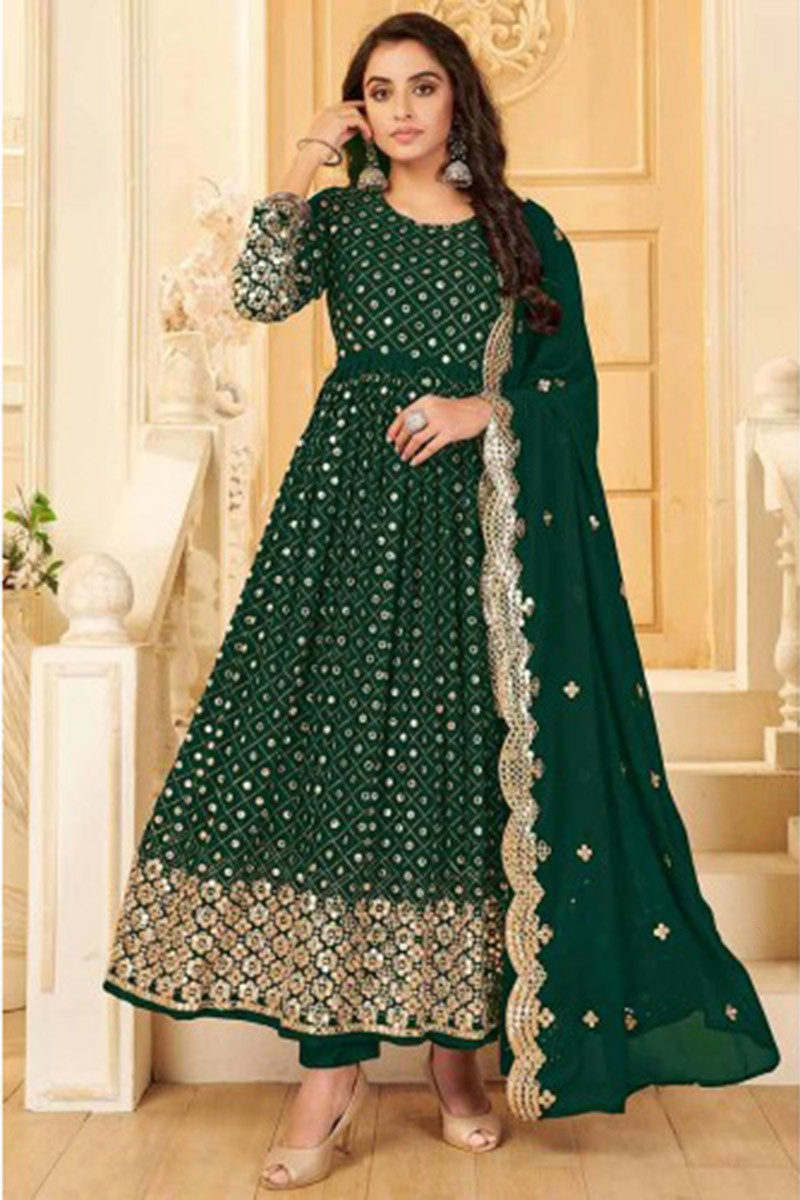 Green Georgette Sequins Work Stitched Anarkali Suit Set | Gulkand-9456 |  Cilory.com