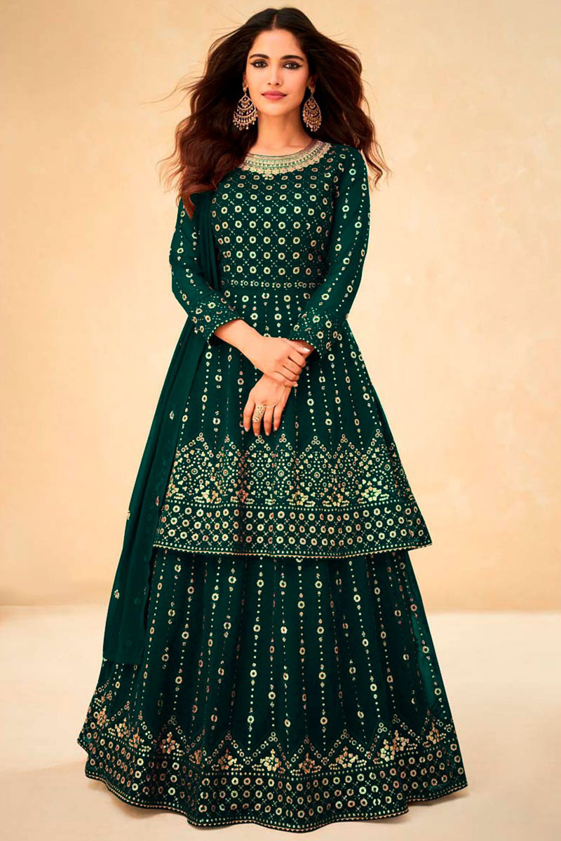 Simple Dark Green Georgette Long Choli Embroidered Lehenga LLCV113185