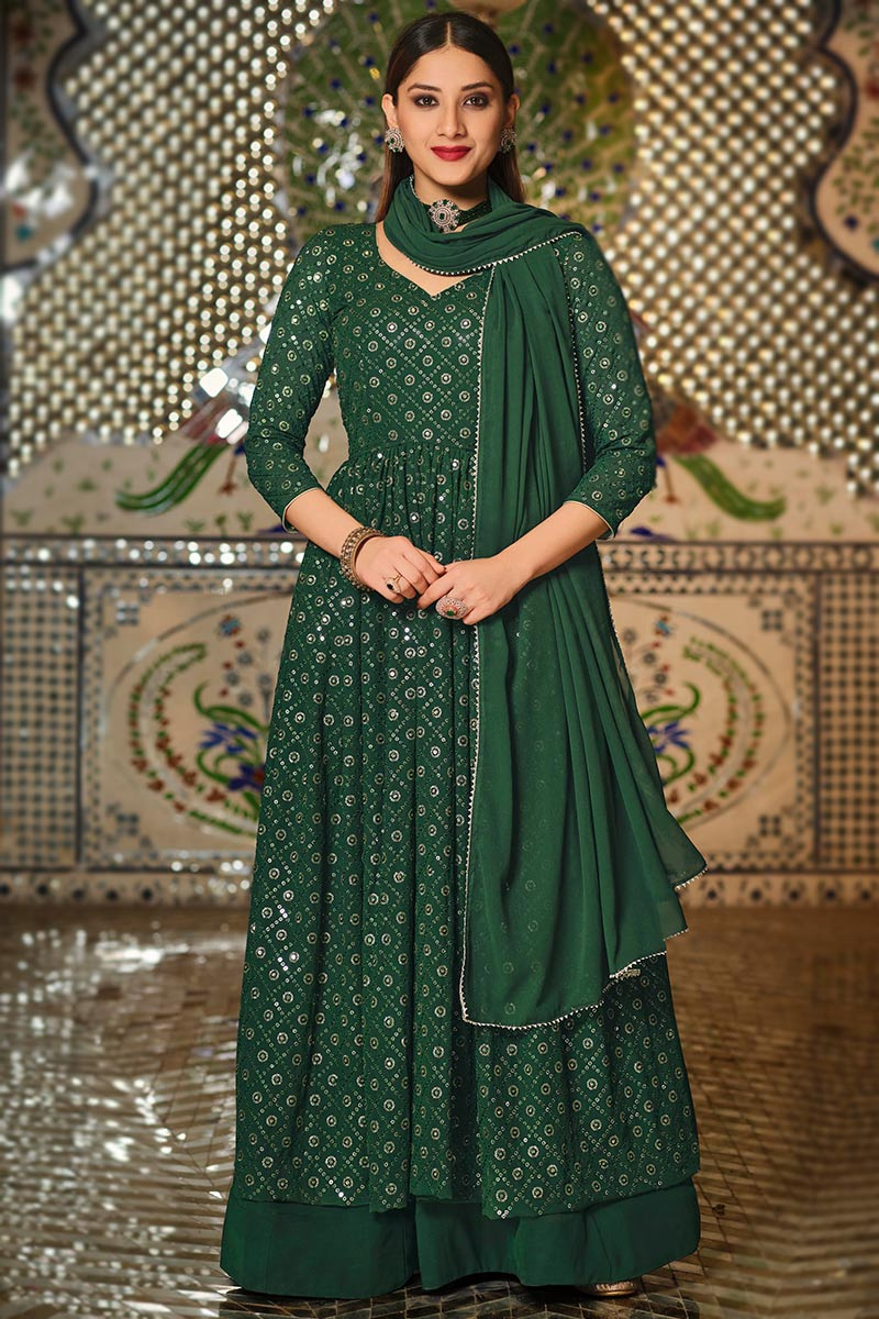 Dark Green Georgette Long Choli Lehenga