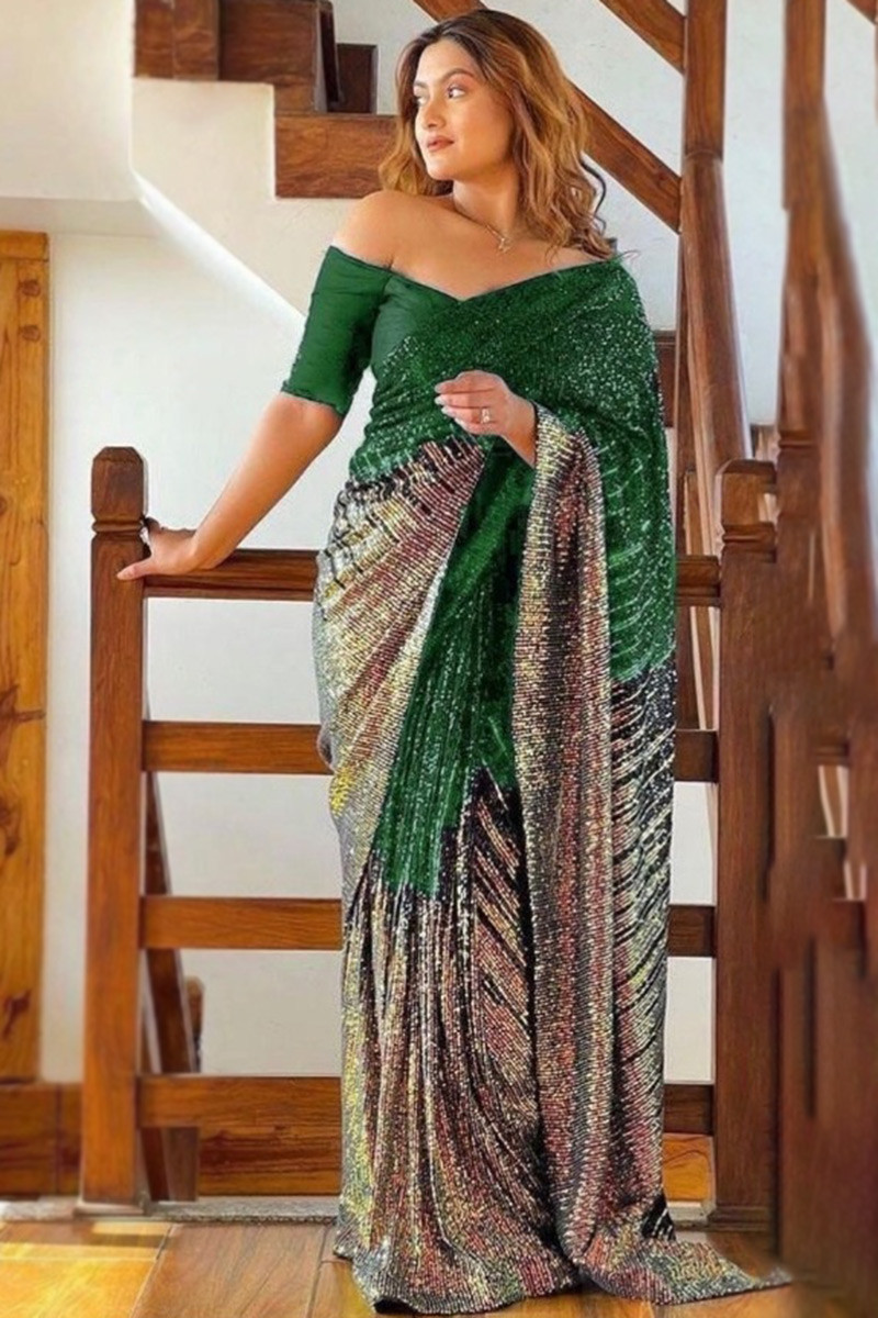 Sequinned Georgette Saree in Dark Green : SPF5858