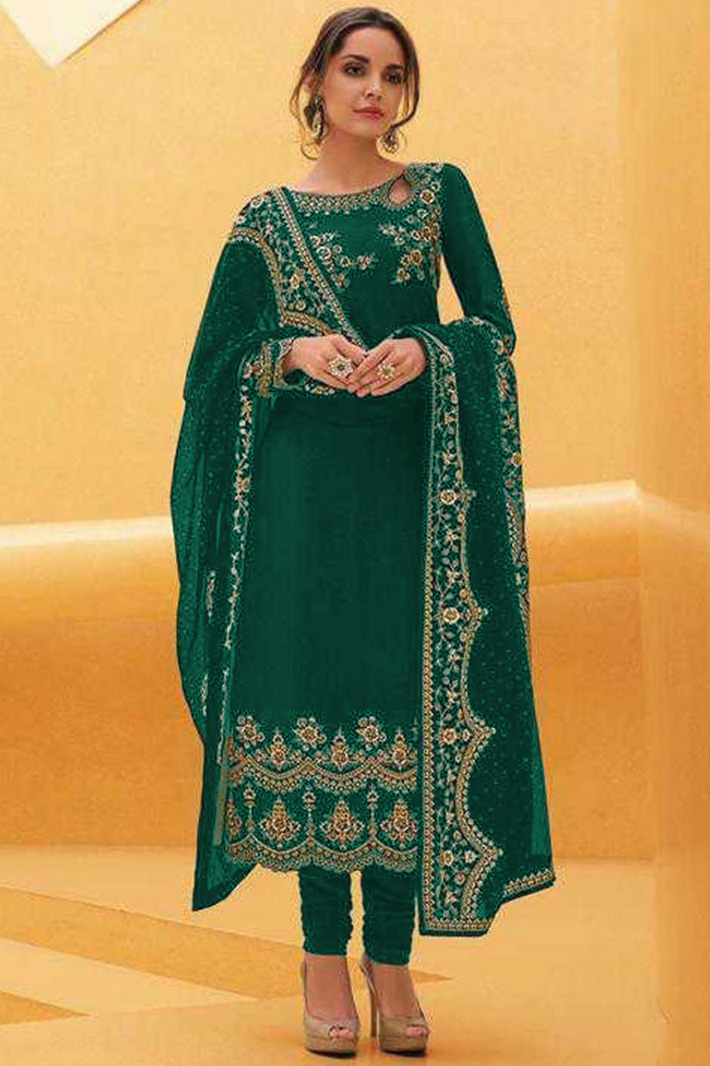 dark green georgette straight cut churidar suit lstv111132 1 6