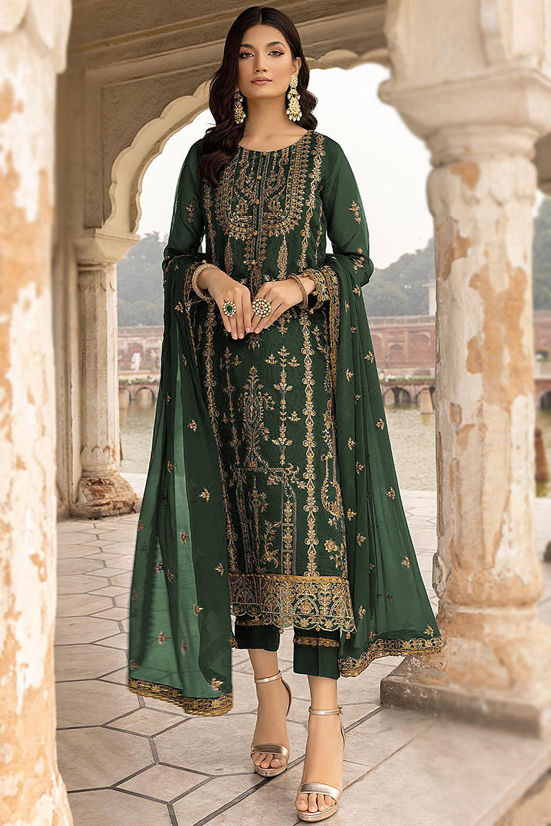 Buy Dark Green Georgette Embroidered Trouser Suit LSTV122015