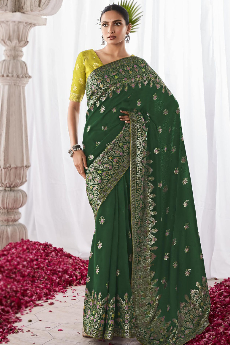 Dark Green Kora Silk Weaved Traditional Saree 