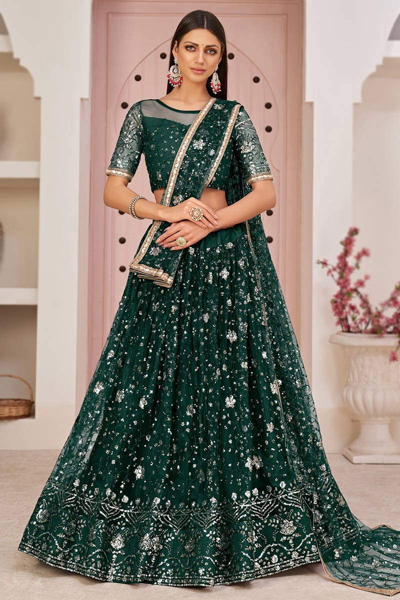 Dark green net lehenga clearance