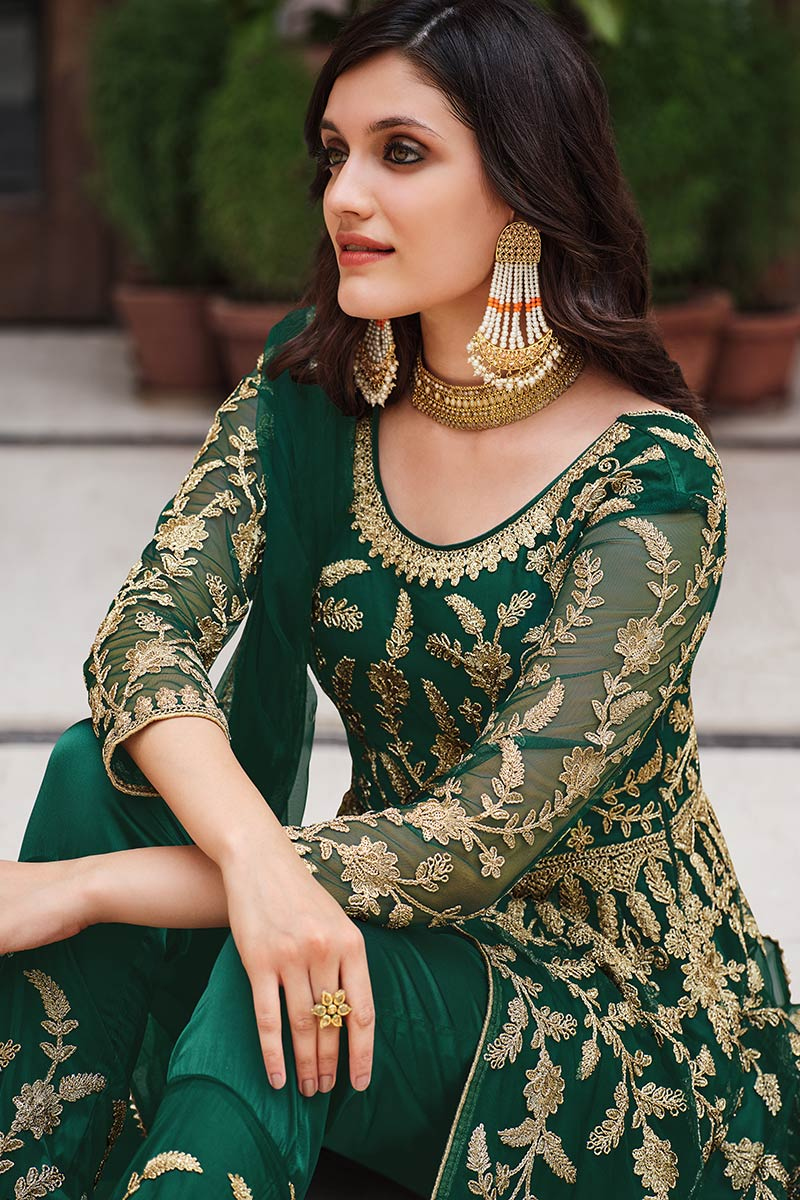 Dark Green Embroidered Anarkali Suit with Net Dupatta - Clearance