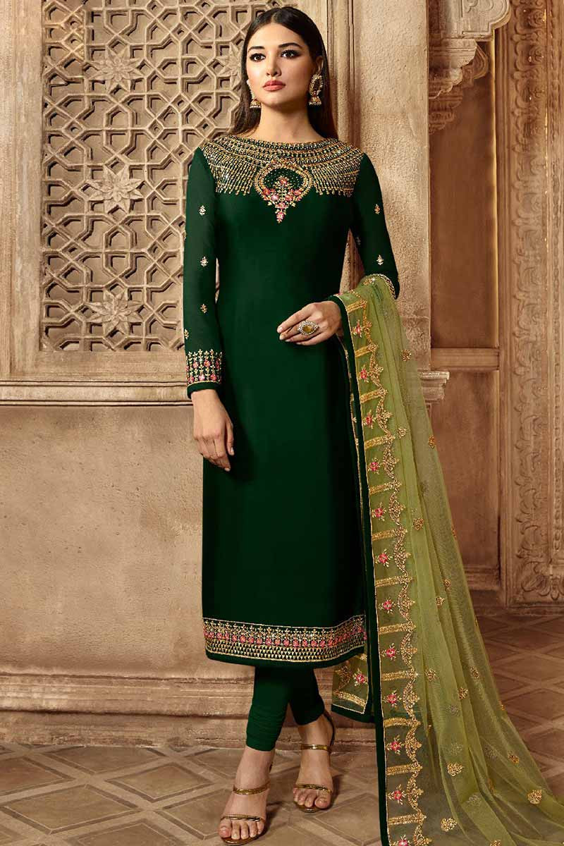 Buy Dark Green Silk Eid Churidar Suit With Resham Work Online