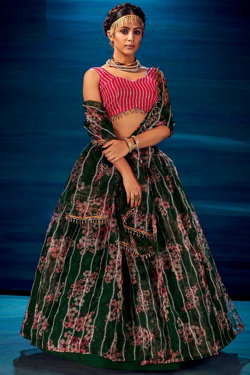 Dark Green Organza A Line Lehenga