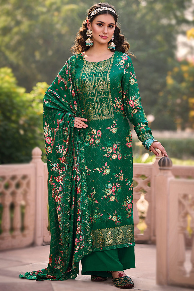 Dark Green Printed Silk Straight Cut Palazzo Suit LSTV128096