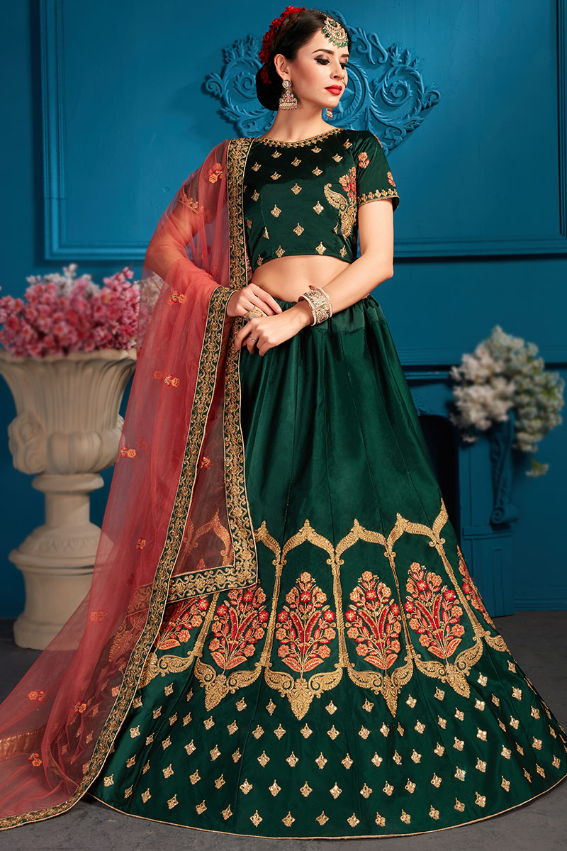 Dark Green Satin Embroidered Panelled Lehenga